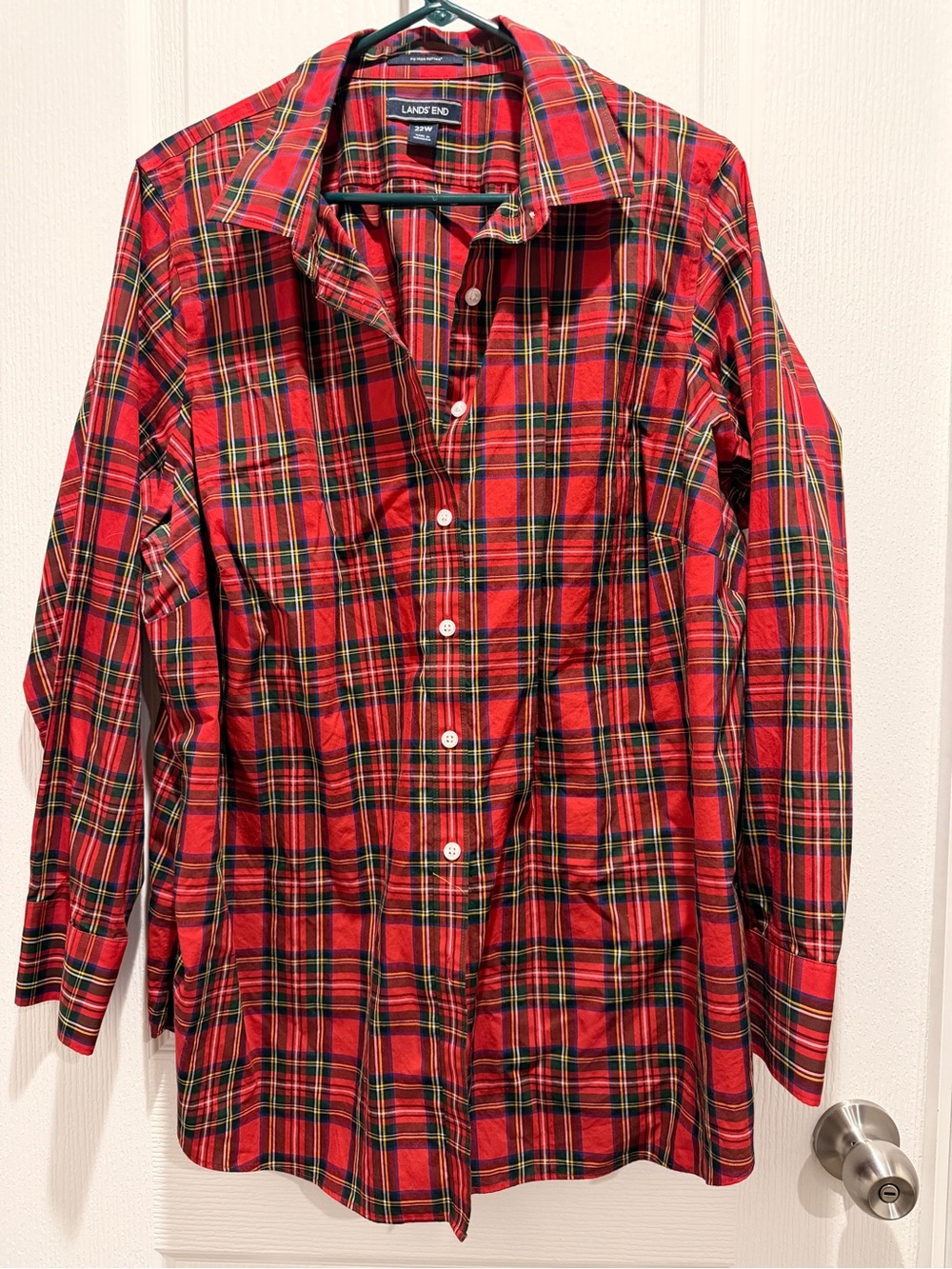 Lands’ End No Iron Supima Red Tartan Plaid Button Up Shirt 22W Holiday